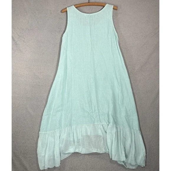 Vasna Linen Dress Size M Teal‎ Handkerchief Hem Lagenlook Italy Boho Minimalist - Picture 11 of 13